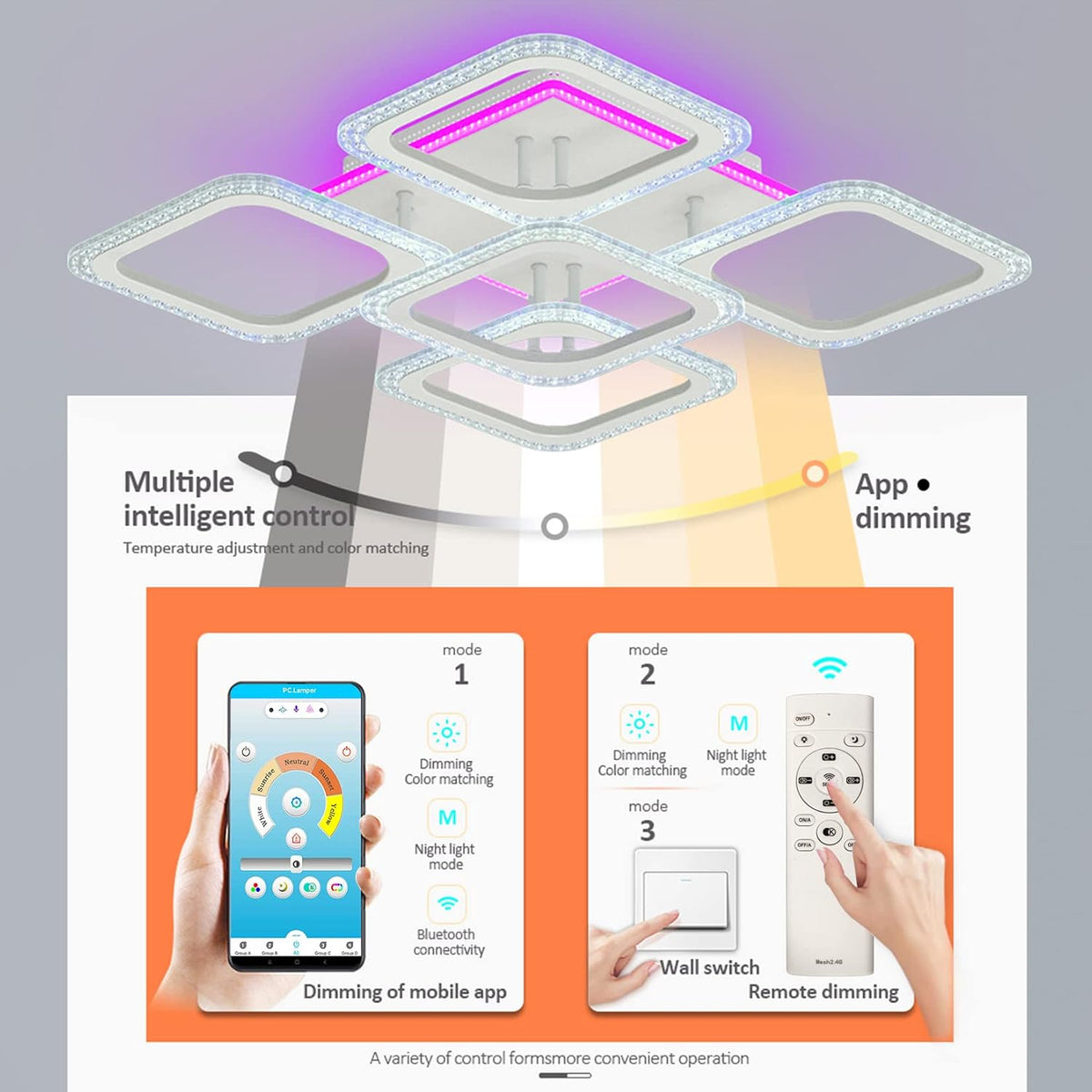 Dimmable LED Ceiling Light, Modern Led Ceiling Chandelier, with App Bluetooth Connection/Remote Control, 60W Ceiling Lamp for Living Room,Bedroom,Kids Room, Etc.…