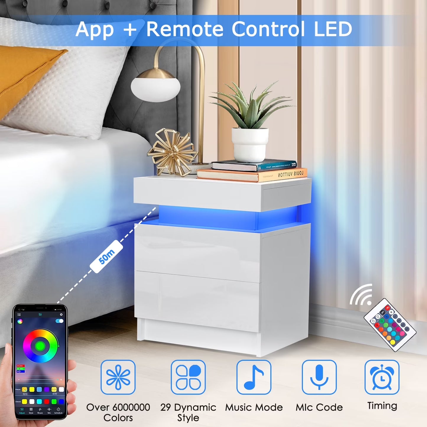 2 Drawer Modern Nightstand with RGB LED Light High Gloss Bedside Tables for Bedroom White