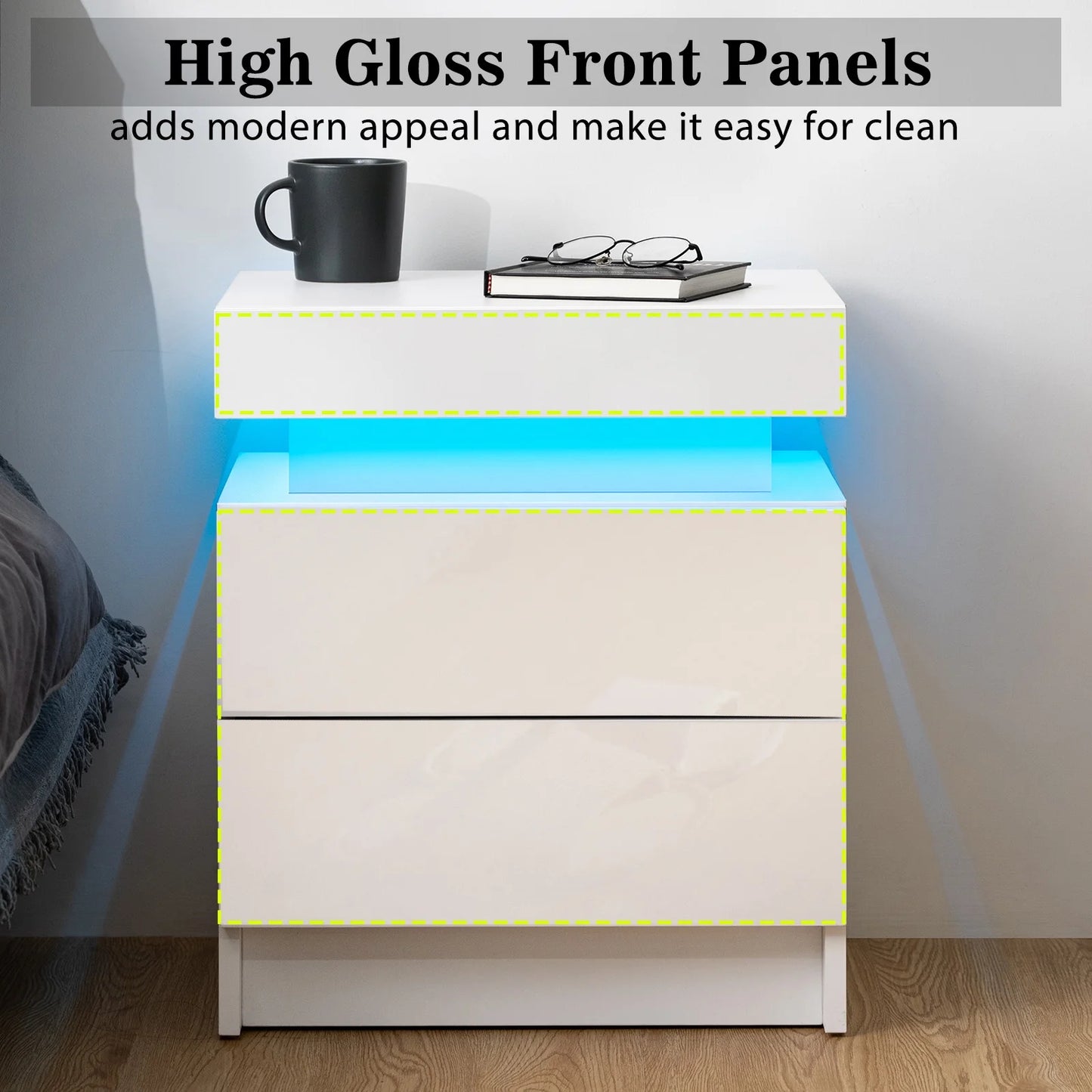 2 Drawer Modern Nightstand with RGB LED Light High Gloss Bedside Tables for Bedroom White