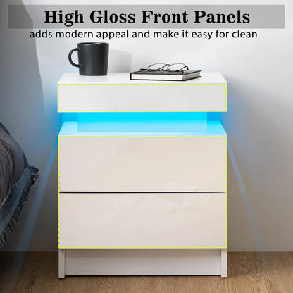 2 Drawer Modern Nightstand with RGB LED Light High Gloss Bedside Tables for Bedroom White