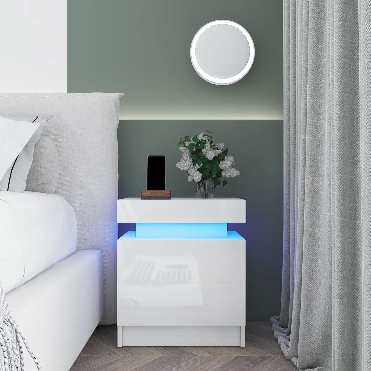 2 Drawer Modern Nightstand with RGB LED Light High Gloss Bedside Tables for Bedroom White