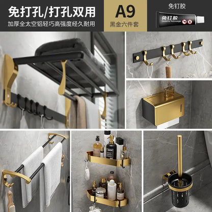 Punch-Free Bathroom Accessories Black Gold Luxury Bathroom Shelf Space Aluminum Bathroom Organizer Toilet Holder Towel Holder