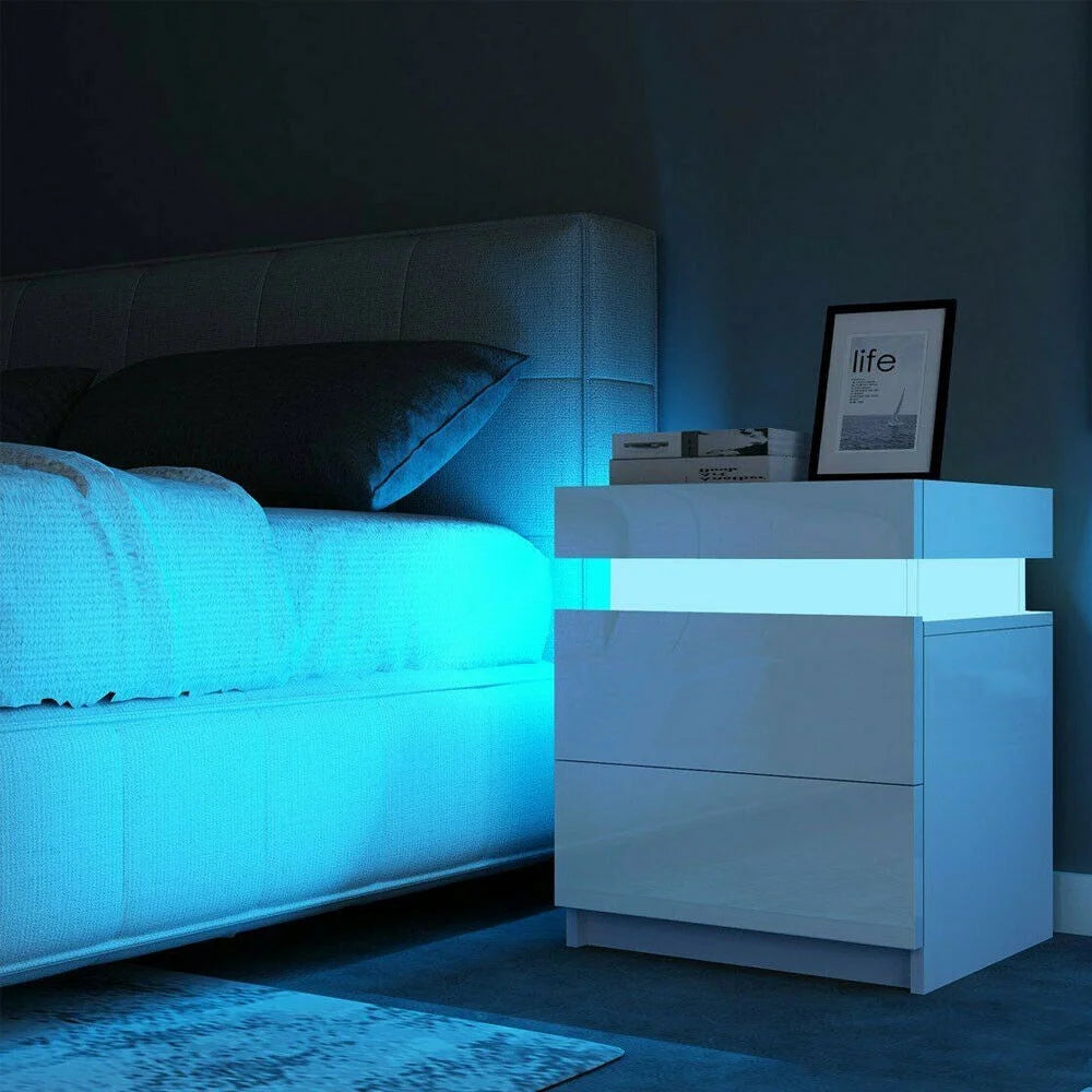2 Drawer Modern Nightstand with RGB LED Light High Gloss Bedside Tables for Bedroom White