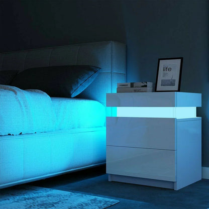 2 Drawer Modern Nightstand with RGB LED Light High Gloss Bedside Tables for Bedroom White