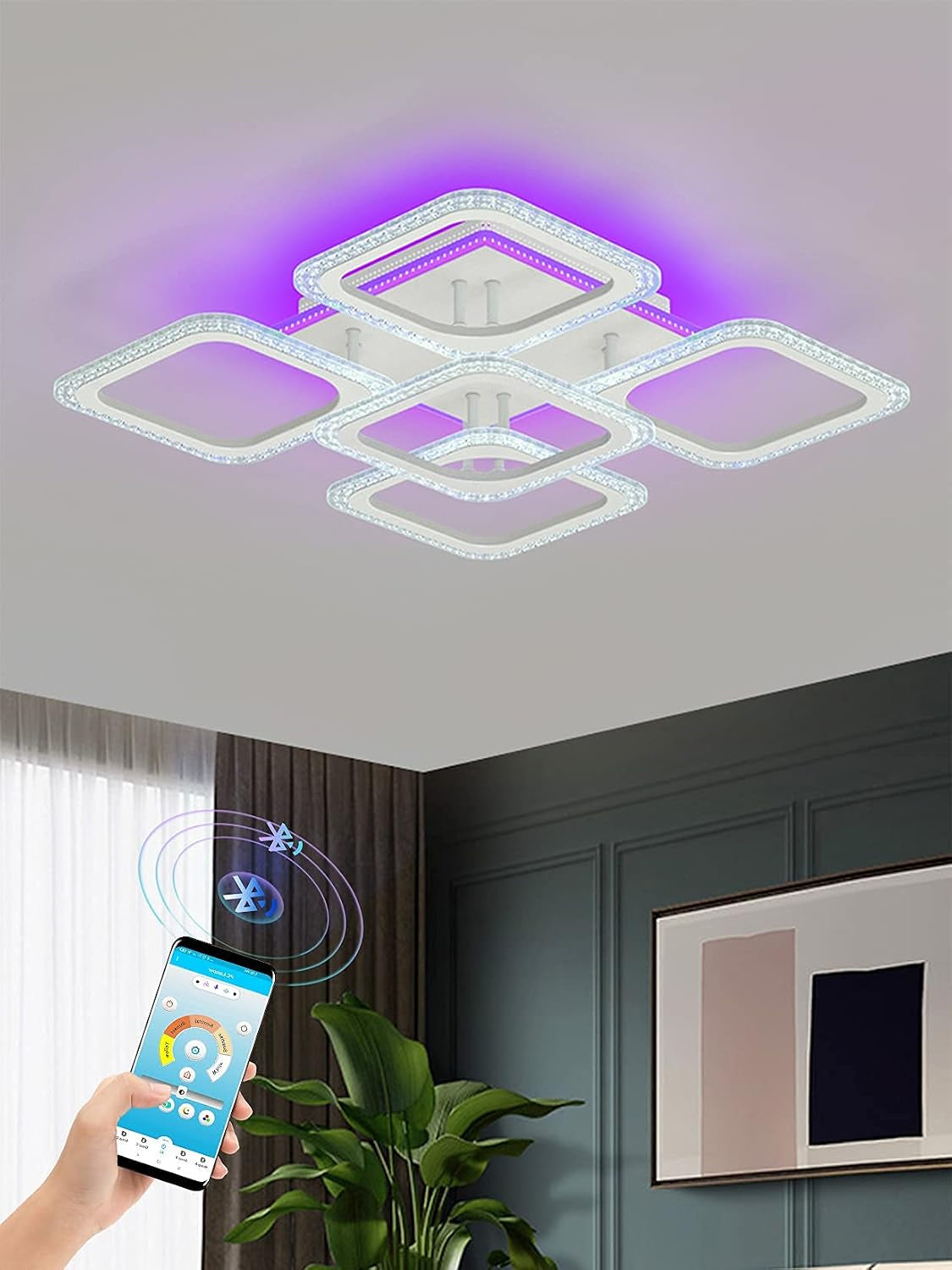 Dimmable LED Ceiling Light, Modern Led Ceiling Chandelier, with App Bluetooth Connection/Remote Control, 60W Ceiling Lamp for Living Room,Bedroom,Kids Room, Etc.…