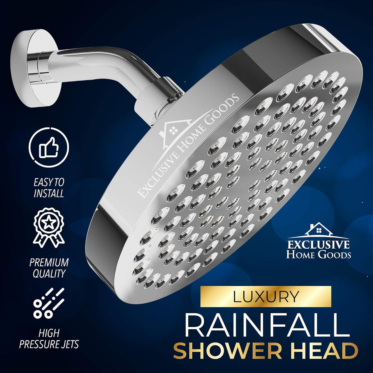 -Luxury Rainfall Shower Head - High-Pressure Showerhead Jets, Rain Shower Head Ant-Clog Silicone Nozzles (1.8 GPM, Deluxe Chrome)