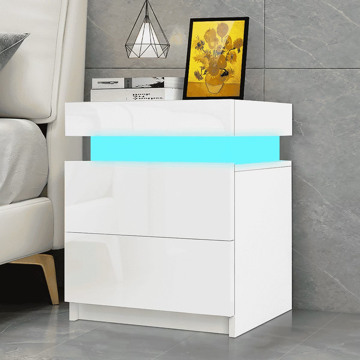 2 Drawer Modern Nightstand with RGB LED Light High Gloss Bedside Tables for Bedroom White