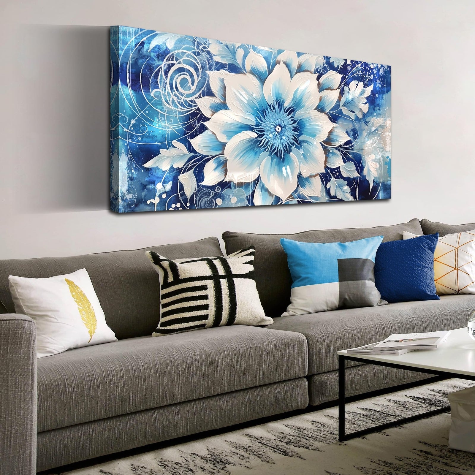 Flower Picture Wall Decor for Bedroom - Large Blue Flower Canvas Wall Art For...