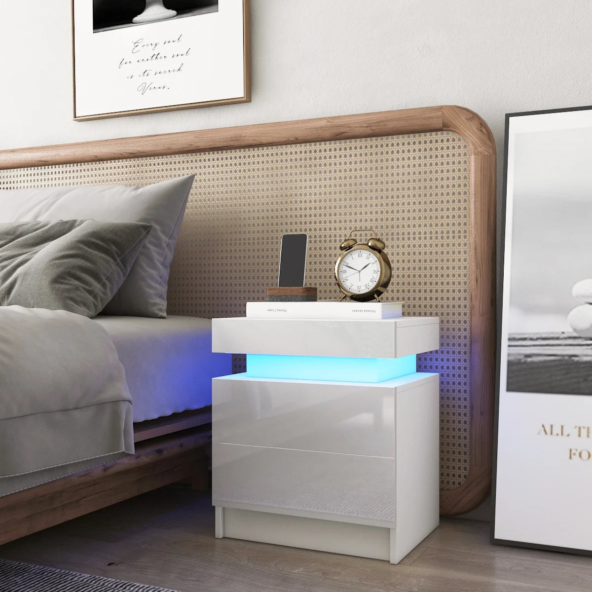 2 Drawer Modern Nightstand with RGB LED Light High Gloss Bedside Tables for Bedroom White