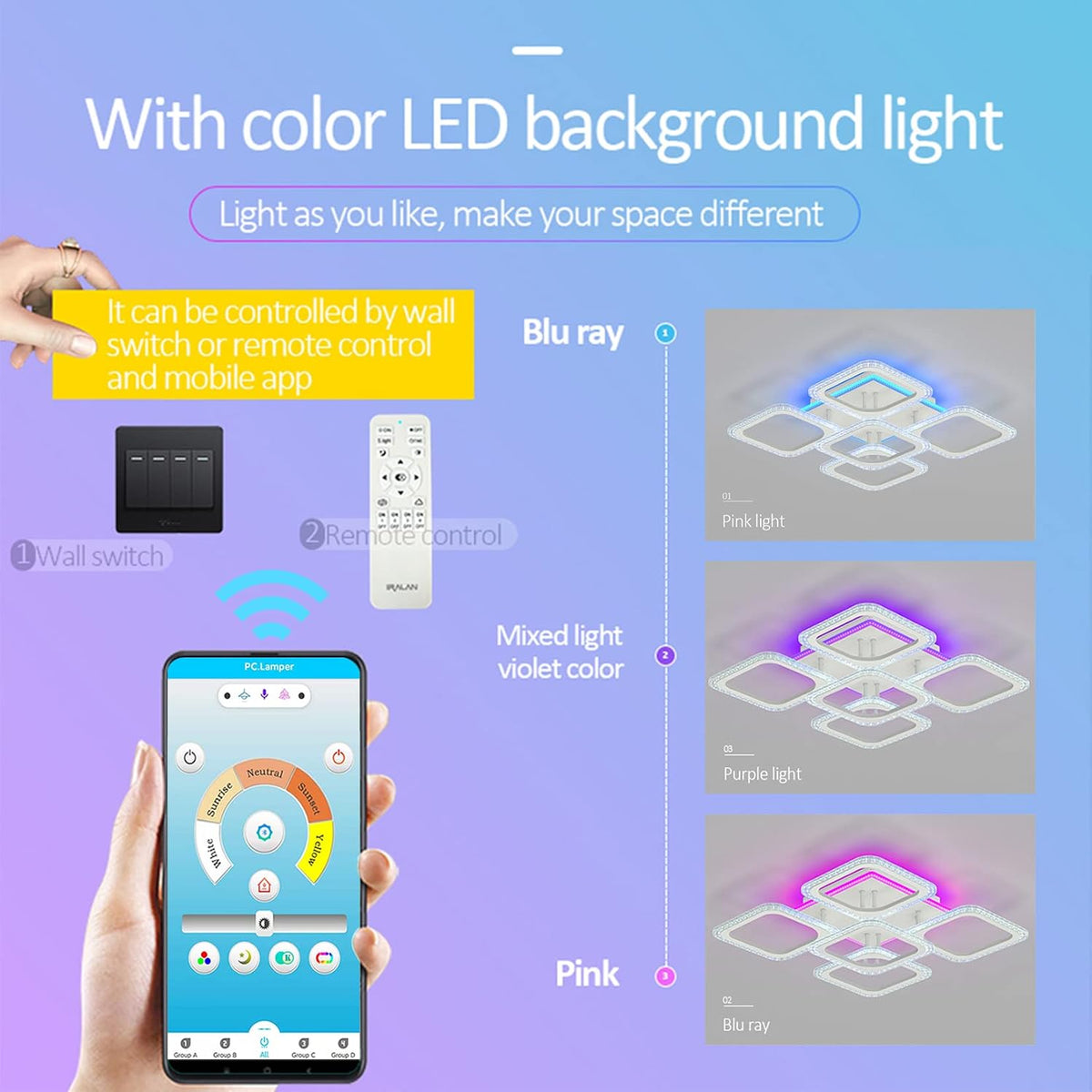 Dimmable LED Ceiling Light, Modern Led Ceiling Chandelier, with App Bluetooth Connection/Remote Control, 60W Ceiling Lamp for Living Room,Bedroom,Kids Room, Etc.…