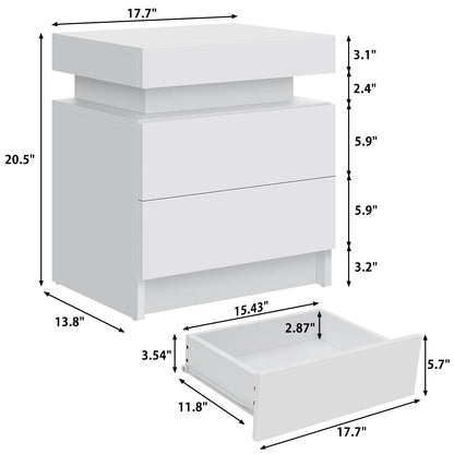 2 Drawer Modern Nightstand with RGB LED Light High Gloss Bedside Tables for Bedroom White
