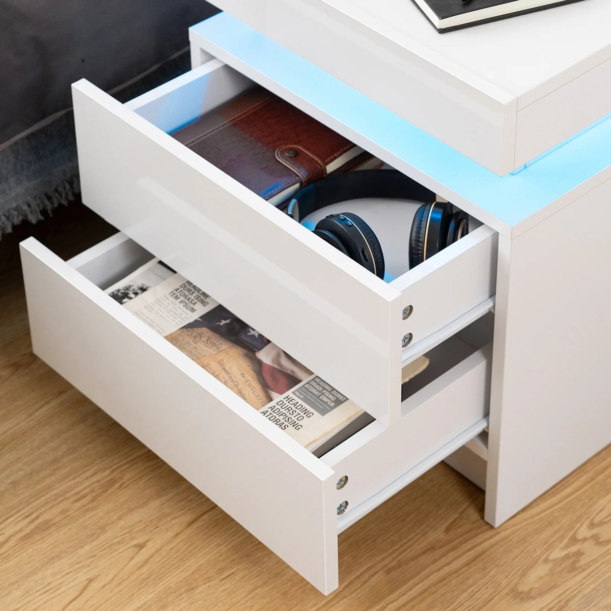 2 Drawer Modern Nightstand with RGB LED Light High Gloss Bedside Tables for Bedroom White