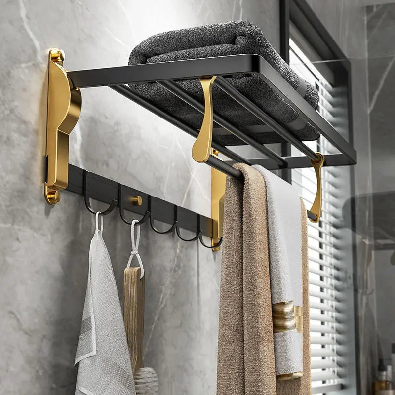 Punch-Free Bathroom Accessories Black Gold Luxury Bathroom Shelf Space Aluminum Bathroom Organizer Toilet Holder Towel Holder
