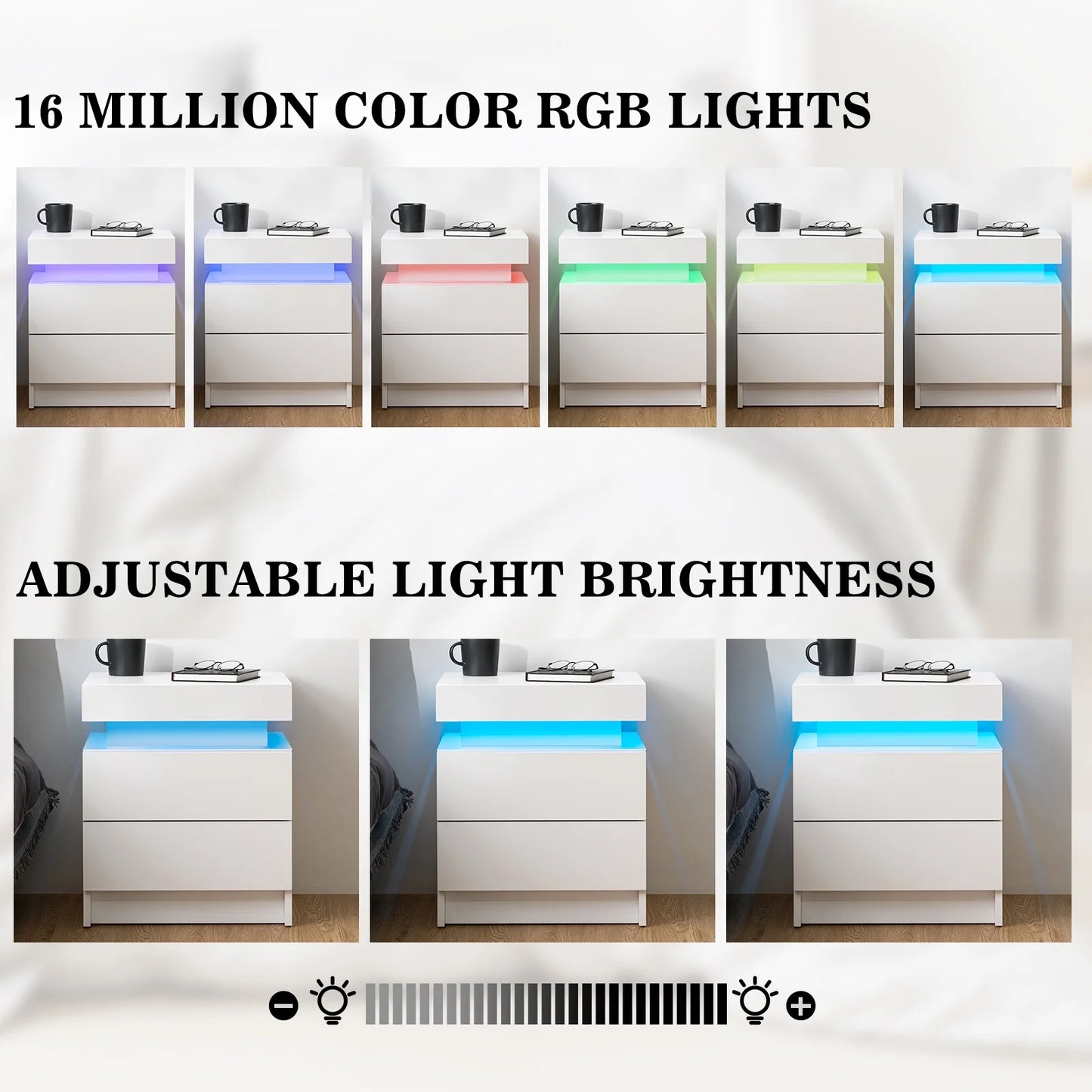 2 Drawer Modern Nightstand with RGB LED Light High Gloss Bedside Tables for Bedroom White