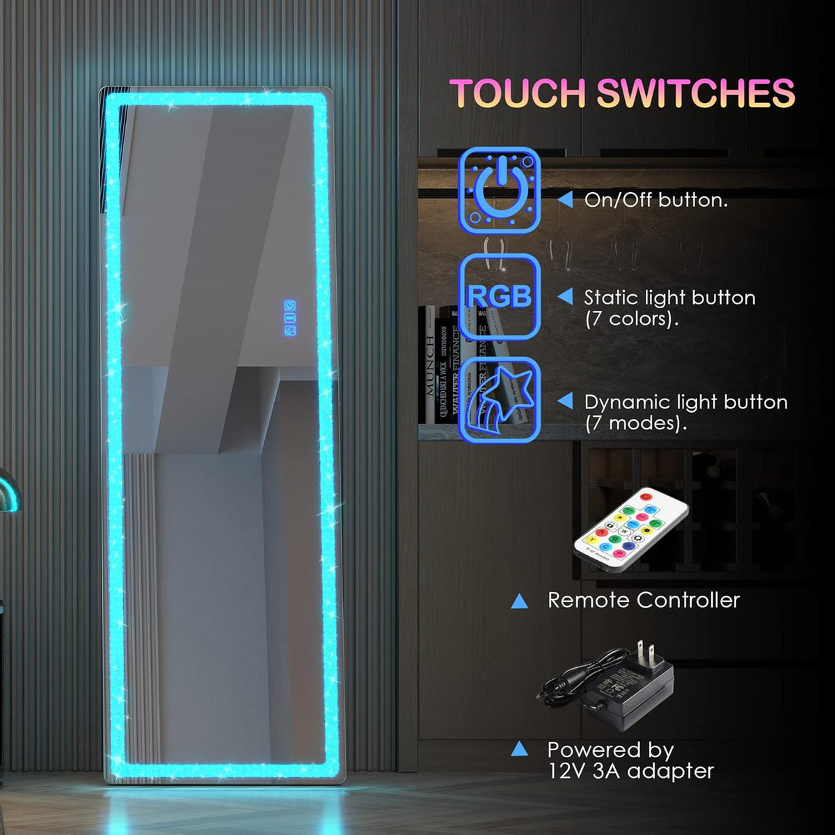 63 X 20 in Full Length Mirror with LED Lights, RGB Lighting, Black