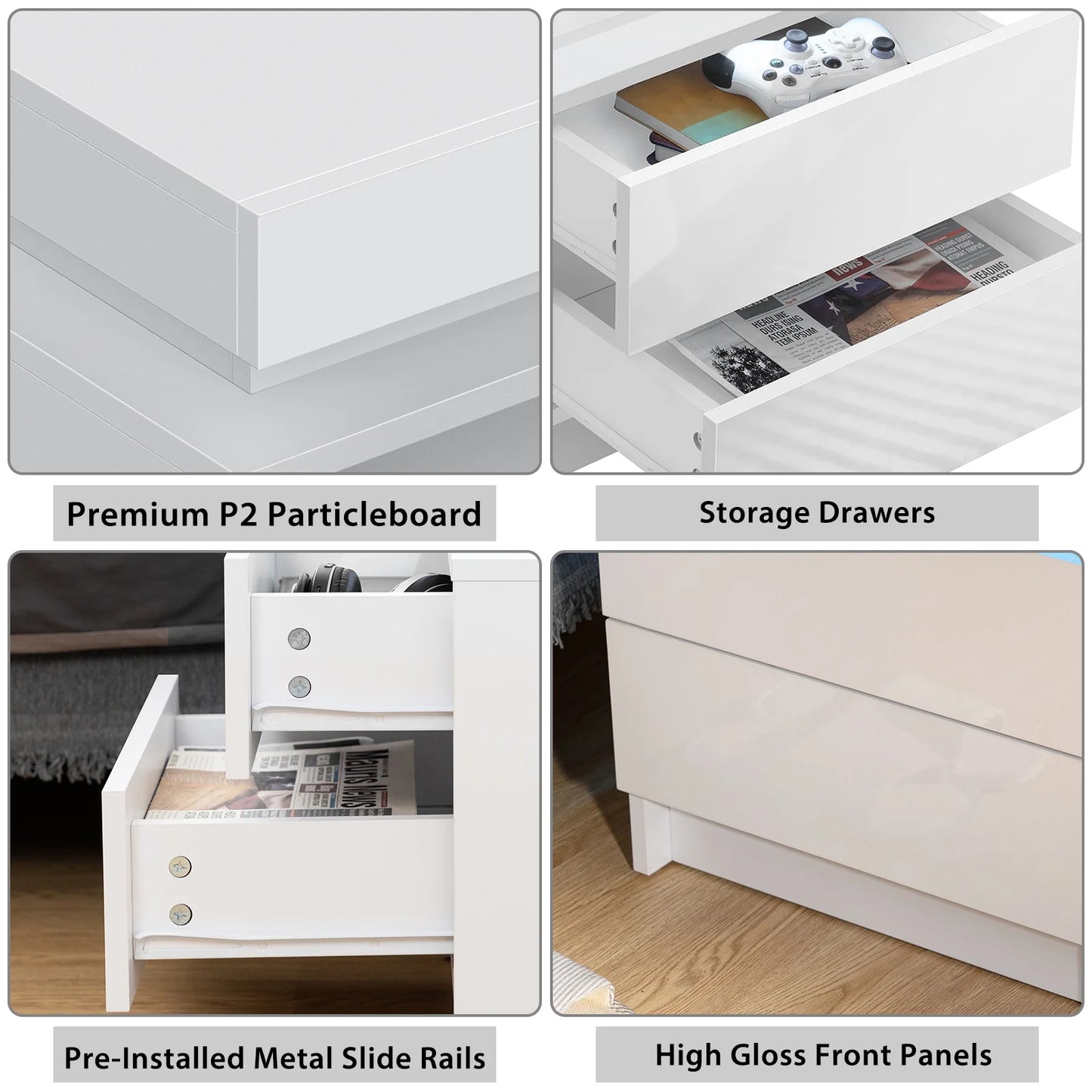 2 Drawer Modern Nightstand with RGB LED Light High Gloss Bedside Tables for Bedroom White
